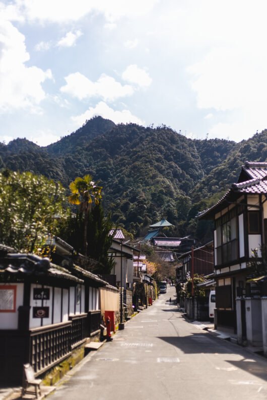 Rue de Miyajima. La rue est bordée de maisons traditionnelles japonaises. Au loin, de hautes collines boisées au pied desquelles on devine les toits d'un temple. (oui c'est la même photo qu'en début d'article)