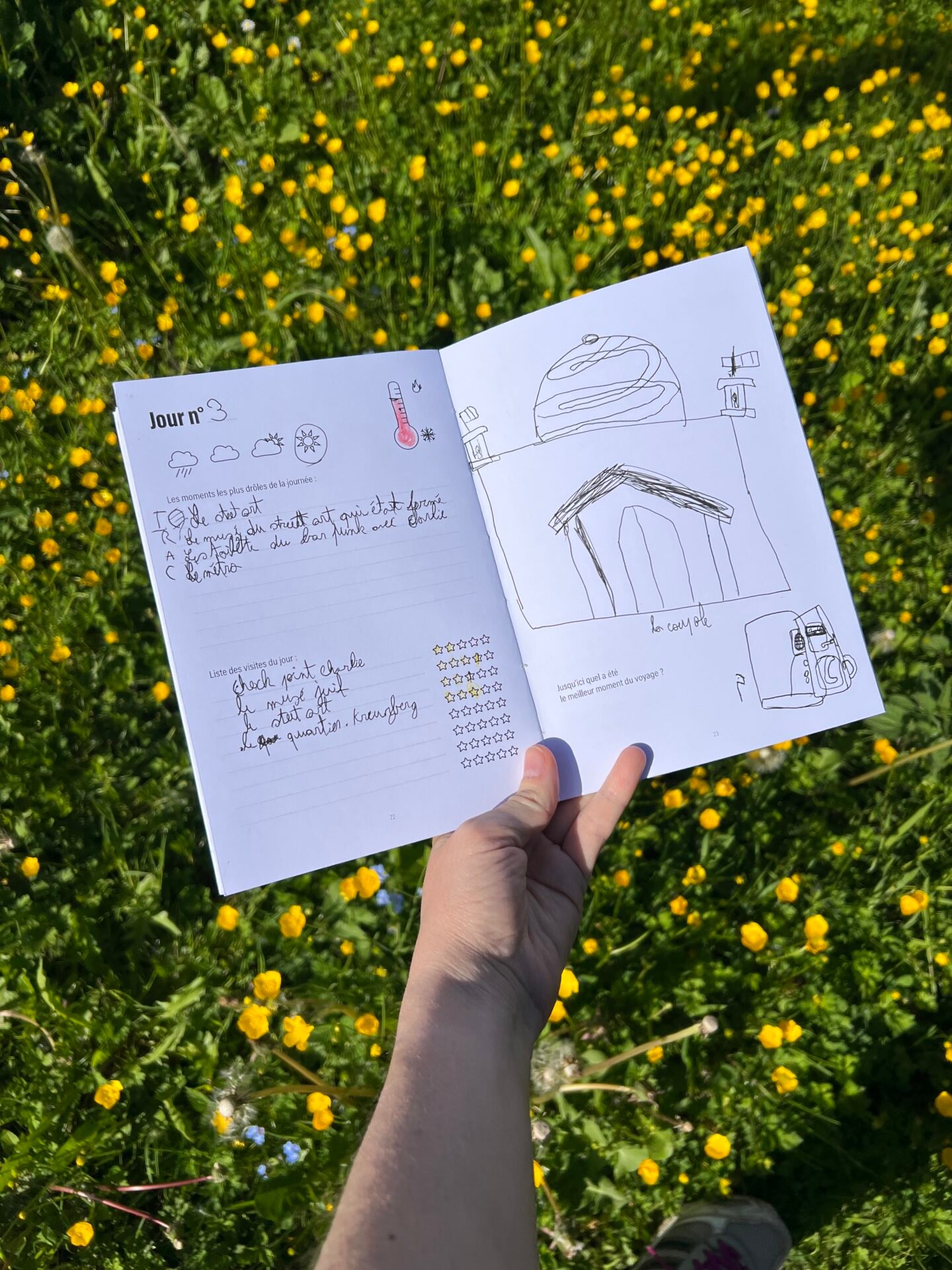 Une page du carnet de voyage en famille complétée par mes enfants, on peut voir un dessin de la coupole du Reichstag