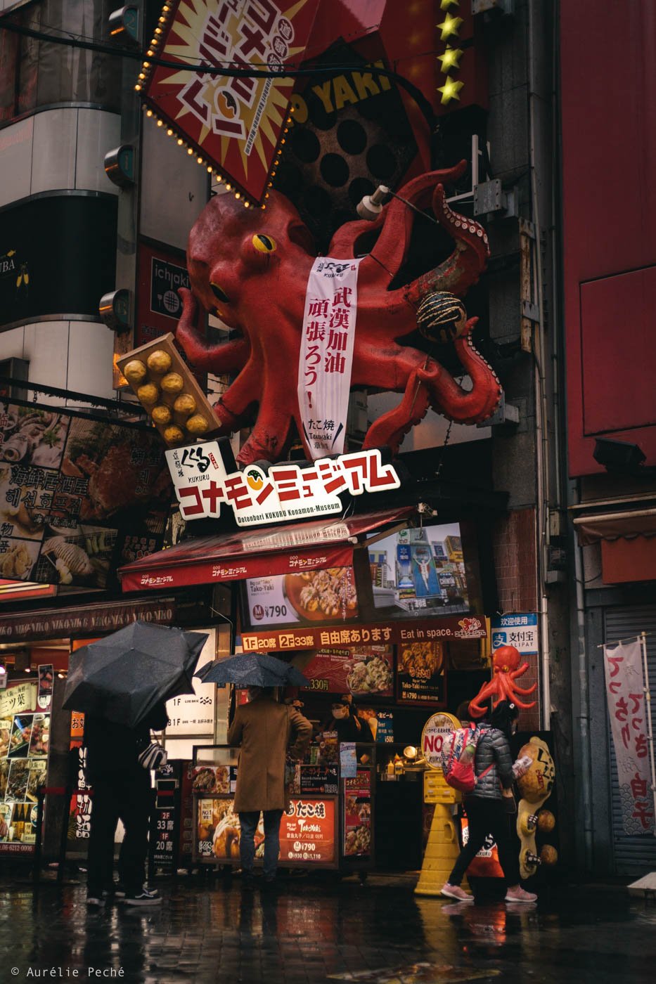 Enseignes dans le quartier de Dotonbori à Osaka représentant un poulpe géant.
